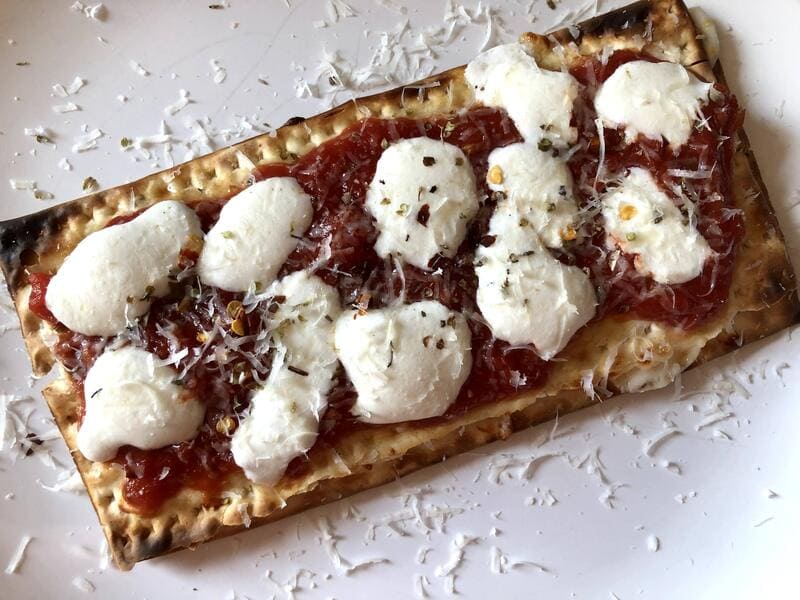 matzo pizza with fresh mozzarella