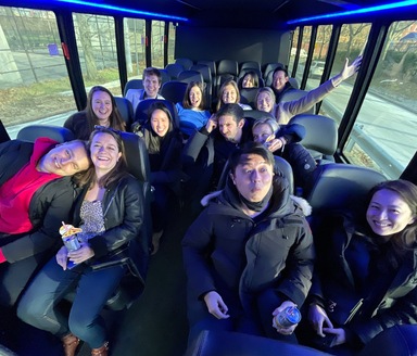 people having fun on a pizza tour bus