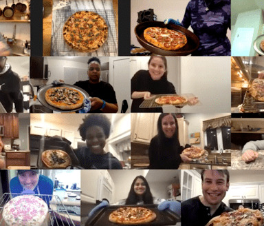 grid view of a virtual home pizza making class with everyone holding up their pizzas