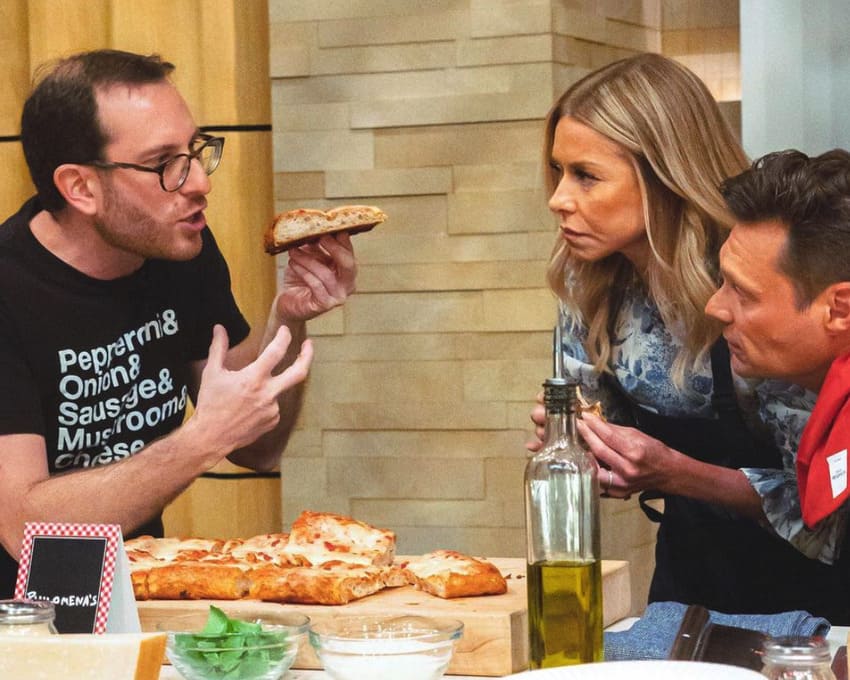 Scott Wiener explains crumb structure to Kelly and Ryan using the Margherita Square pizza from Philomena's in Queens.