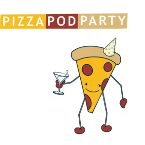 pizza pod party logo of an anthropomorphic pizza slice holding a martini