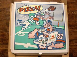 pizza box with artwork of football cartoon